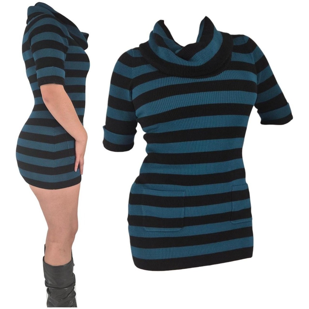 INC striped sweater ribbed knit cowl neck mini tunic dress